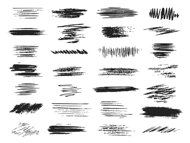 Colección de diversas pinceladas de tinta negra sobre un fondo blanco