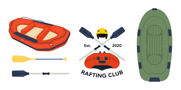 Vector colección de diversos equipos para actividades de rafting.