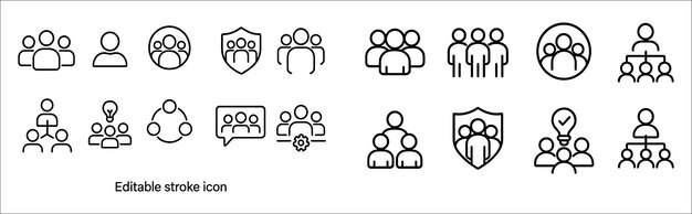 Colección de diversos iconos de líneas que representan interacciones sociales, trabajo en equipo y conceptos colaborativos en un estilo minimalista