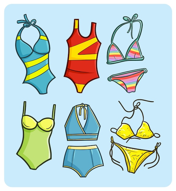 Vector colección divertida de bikini y bañador en estilo doodle