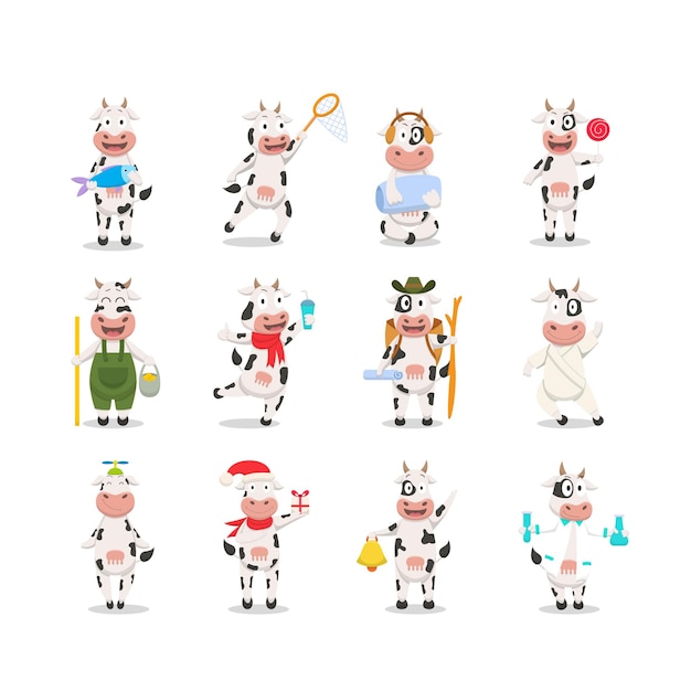 Vector colección divertida de personajes de dibujos animados de vaca