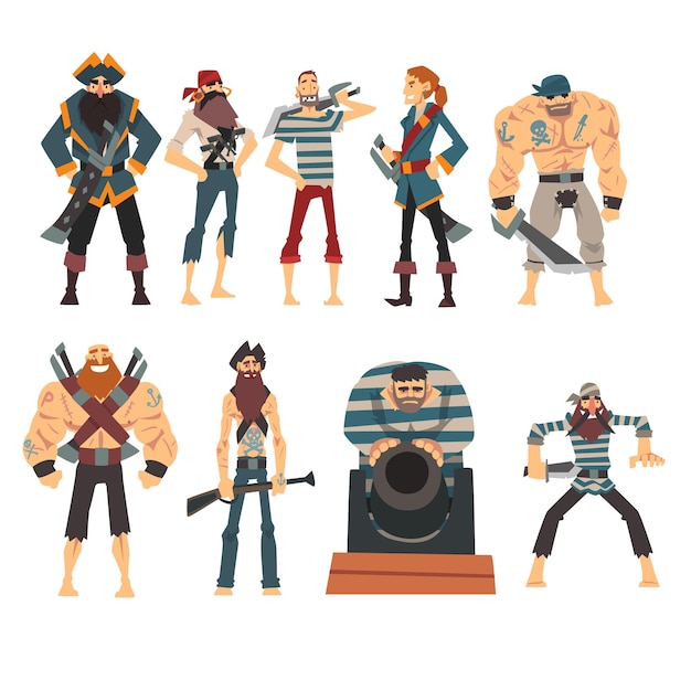 Colección divertida de piratas enojados hombres armados bucaneros personajes de dibujos animados ilustración vectorial