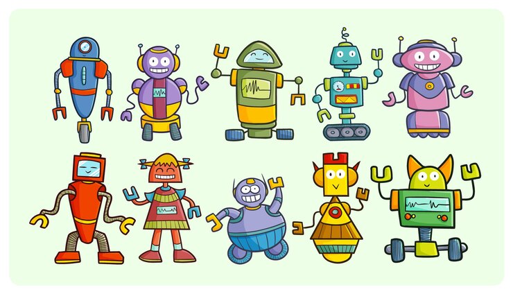 Colección divertida de robots felices en estilo simple doodle