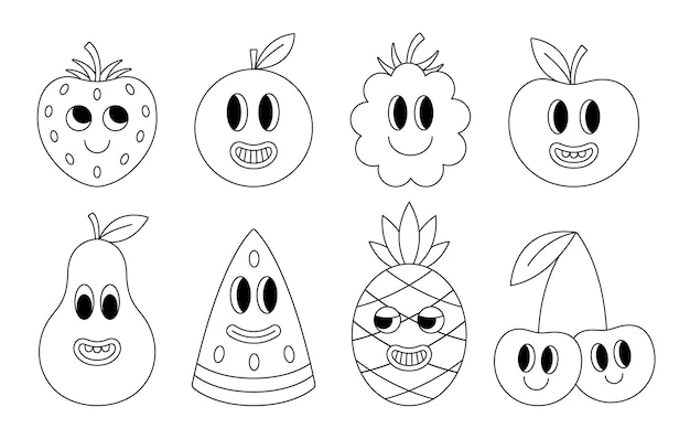 Colección de divertidas frutas maravillosas en estilo de línea Caras de personajes de dibujos animados de contorno simple