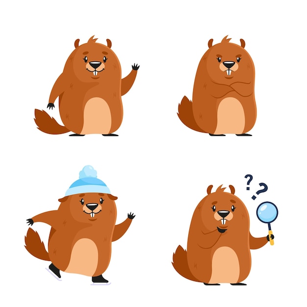 Colección de divertidos dibujos animados castor personaje patinaje sobre hielo saludo enojándose con preguntas