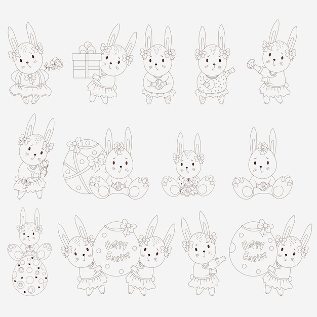 Colección divertidos huevos de pascua con orejas de conejo Ilustración vectorial Aislado para el diseño Felices Pascuas