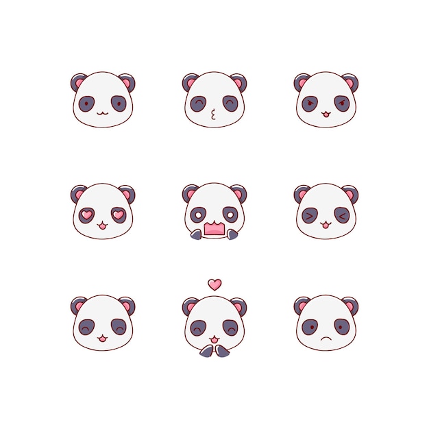 Colección de divertidos y lindos personajes de emoticonos de panda en diferentes emociones. ilustración