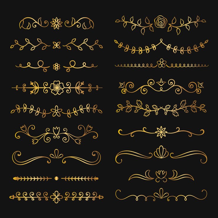 Colección de divisores de texto florales dibujados a mano dorados