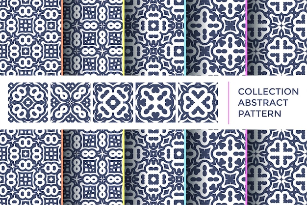 Colección de doce patrones geométricos sin costuras abstractos azules y blancos para el diseño textil