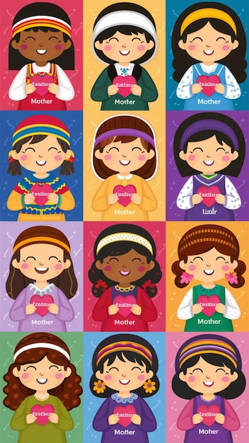 Una colección de doce pegatinas de madre diversas y lindas