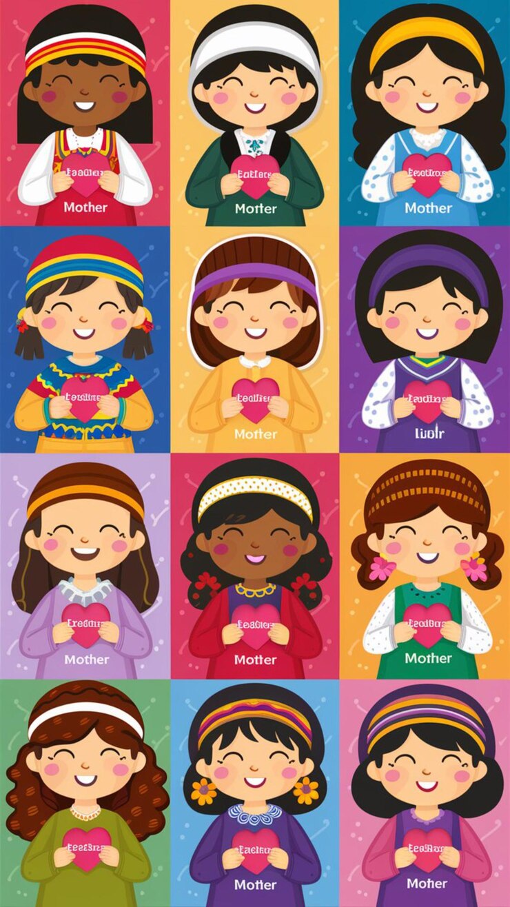 Vector una colección de doce pegatinas de madre diversas y lindas