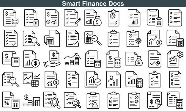Colección de documentos de finanzas inteligentes Esbozo Iconos de informes financieros Gráficos Listas de comprobación Calculadoras y herramientas de análisis económico