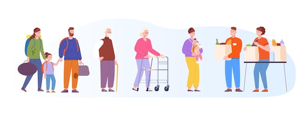 Colección de donaciones de alimentos Sin hogar o ancianos hambrientos grupo de personas alimentando a la madre en fila para ayuda humanitaria voluntarios de hogares de pobres ayudando a familias pobres ilustración vectorial de caridad