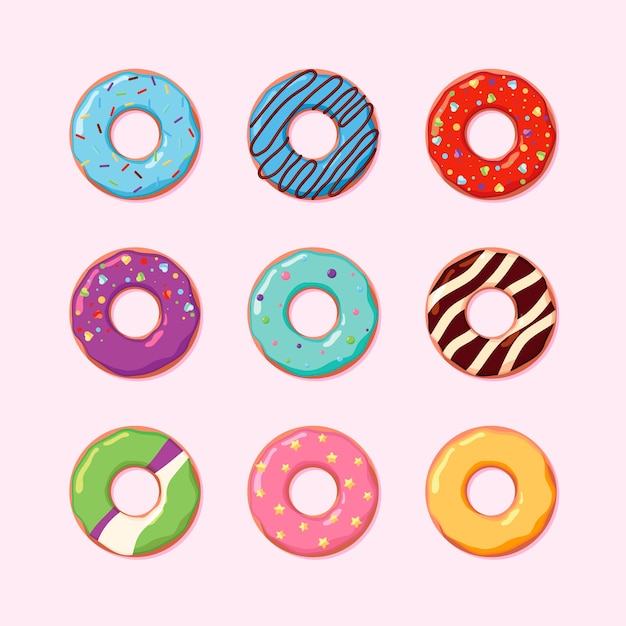 Colección de donas Postres para el desayuno a la hora del café bocadillos de chocolate pasteles productos llamativas ilustraciones de donas vectoriales