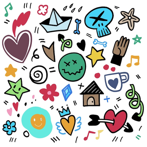 Colección de Doodle colorido con corazones y símbolos divertidos aislados en fondo blanco