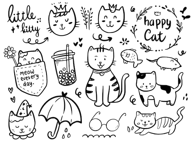 Colección de doodle de dibujo de gato con bebida boba