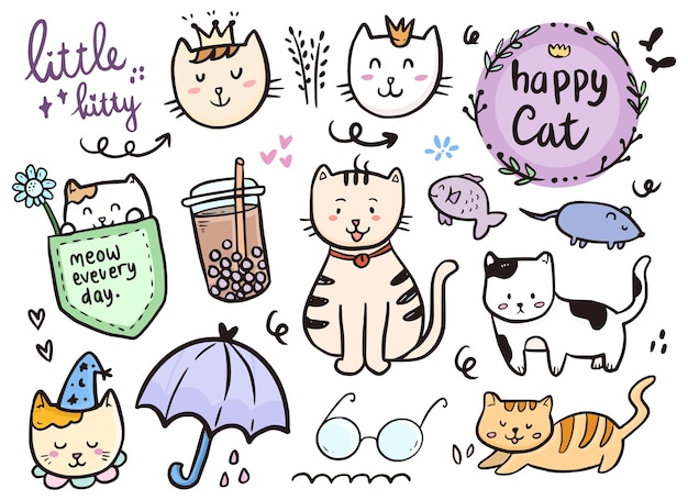 Colección de doodle de dibujo de gato con icono de bebida y paraguas boba