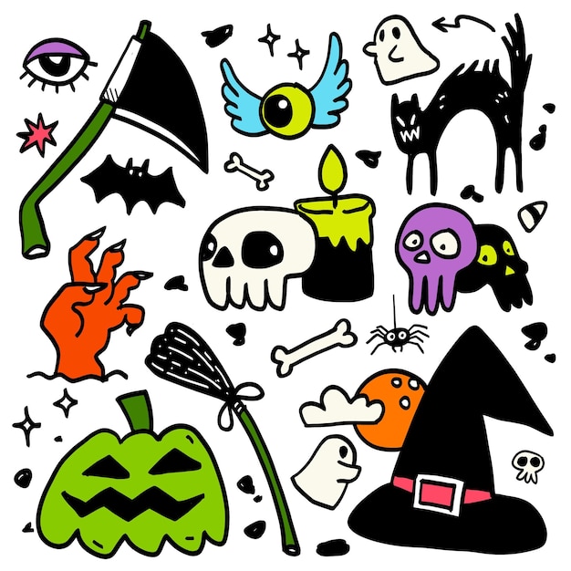 Colección de Doodle de Halloween con calaveras e íconos espeluznantes aislados en fondo blancoxA