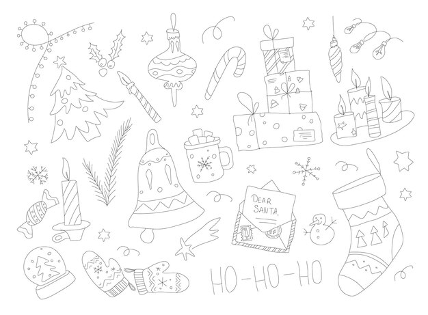 Colección de doodle de navidad conjunto de navidad dibujado a mano con elementos a la luz de las velas y presenta grap de contorno