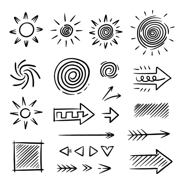 Colección de doodles simples de sol y flecha con otros elementos