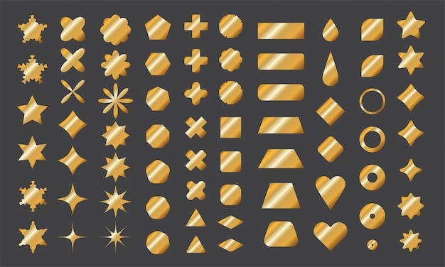 Colección dorada de formas básicas para su diseño. Elementos poligonales con bordes afilados y redondeados con degradado dorado.