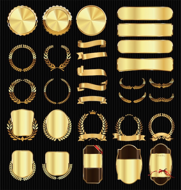 Una colección dorada de varias insignias y etiquetas.