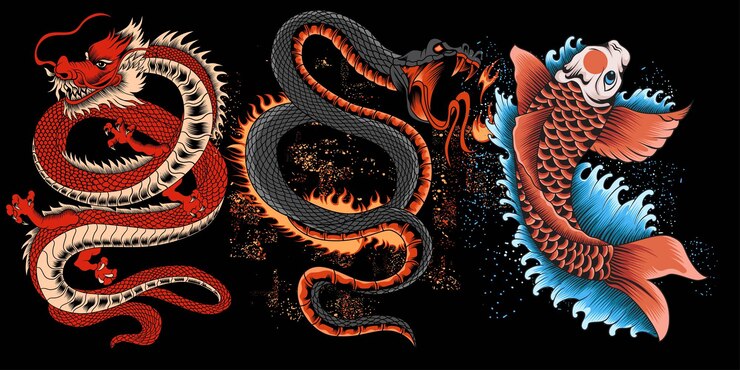 colección de dragón serpiente fuego y pez koi ilustración