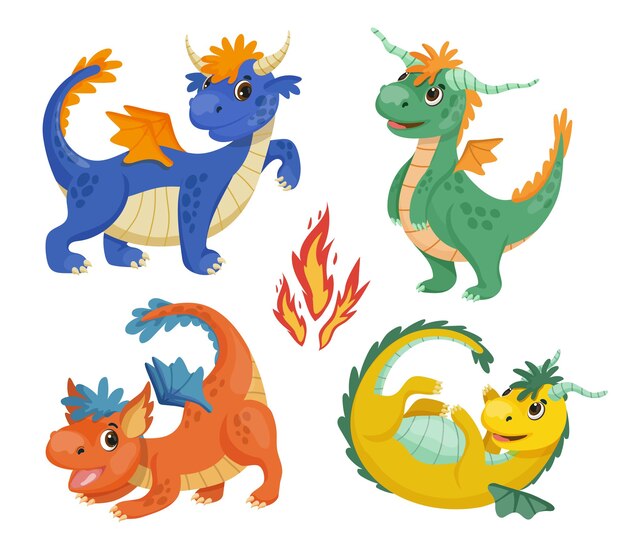 Colección de dragones en estilo de dibujos animados.