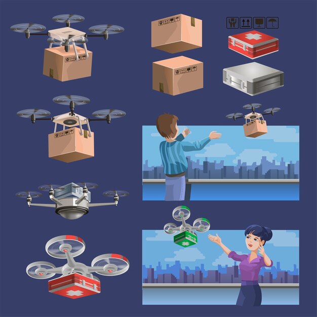 Colección de drones de reparto con cajas y botiquín médico. Juego de drones. Métodos de entrega de robots modernos. Aislado.