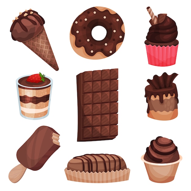 Colección de dulces de chocolate, diferentes deliciosos postres dibujos  animados ilustraciones | Vector Premium