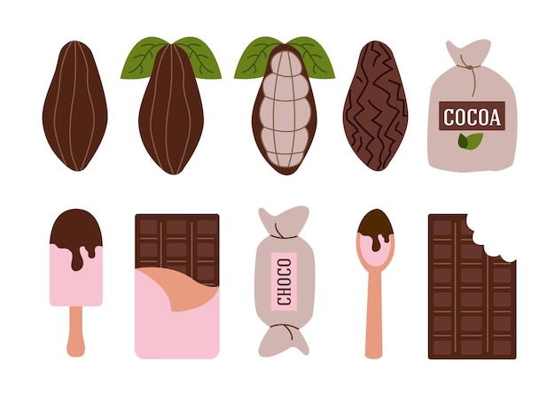 Colección de dulces de chocolate y granos de cacao ilustraciones vectoriales en estilo plano