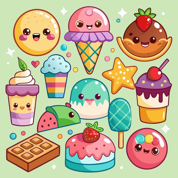 Una colección de dulces de dibujos animados con ojos googly y caras sonrientes