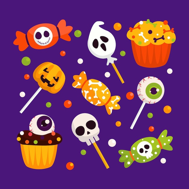 Vector colección de dulces de halloween en diseño plano