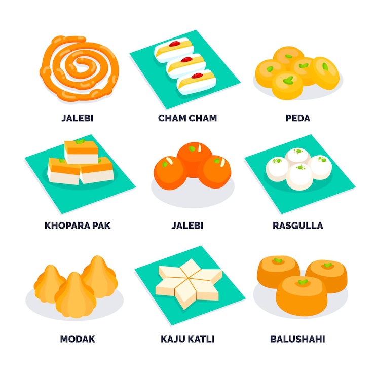 Vector colección de dulces indios dibujados a mano