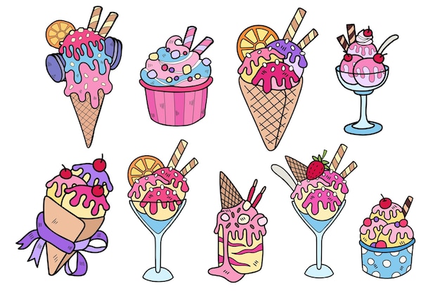 Vector colección de dulces y postres dibujados a mano en ilustración de estilo plano para ideas de negocios