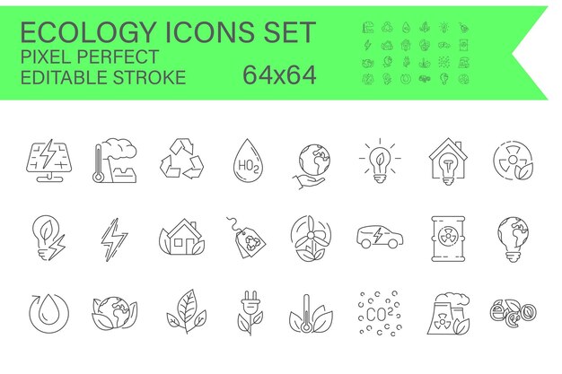 Colección de ecología de contorno de iconos de líneas finas trazos editables de una resolución perfecta de píxel 64x64