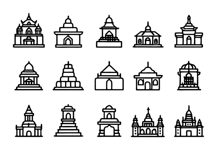 Vector una colección de edificios y edificios con una mezquita en el fondo