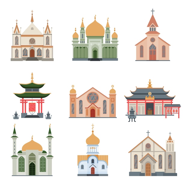 Colección de edificios religiosos Diferentes iglesias y templos fachadas antiguas construcciones arquitectónicas Ilustración vectorial