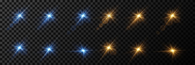Una colección de efectos de luz brillante y resplandor de estrellas brillantes y llamaradas