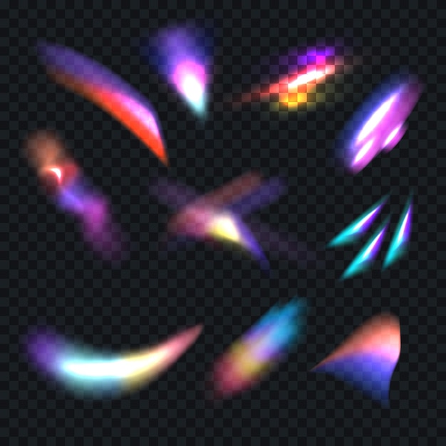 Colección de efectos de luz de destello de cristal de premio Los colores del arco iris de diamante se superponen Efecto de destello Visión de moda en la lente Gema de fantasía Espectro de iluminación Conjunto de texturas de ilustración vectorial