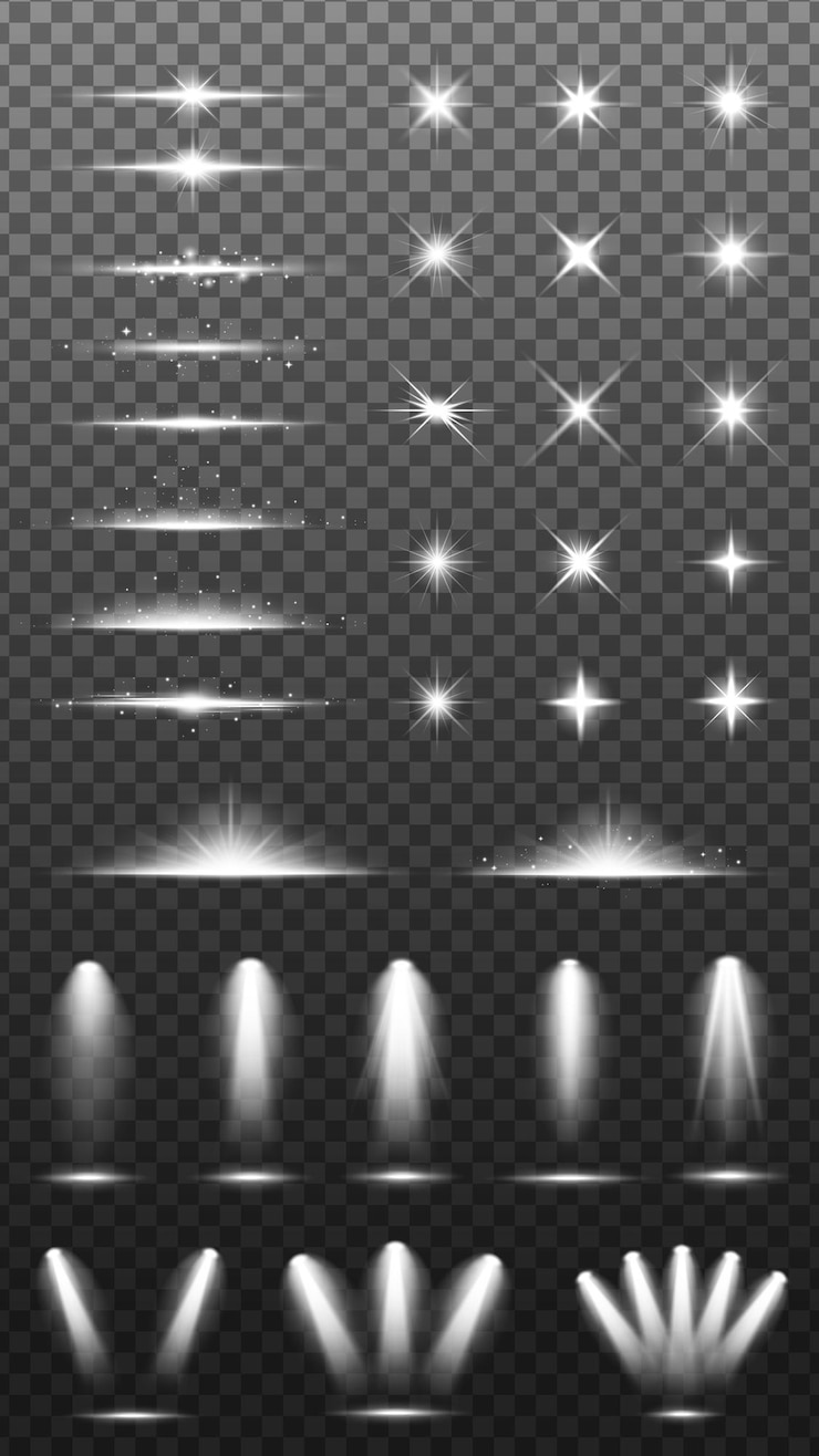Vector colección de efectos de luz en fondo transparente incluye estrellas, chispas y focos efectos de luz para el diseño de estrellas y chispas para la decoración conjunto de elementos vectoriales de efecto de superposición