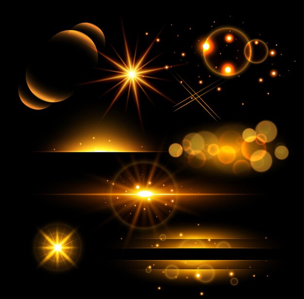 Colección de efectos de luz incandescente vectorial Ilustración de flash de chispas brillantes