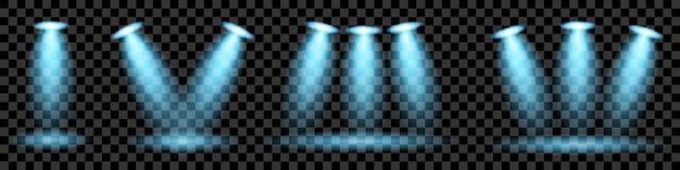 Colección de efectos transparentes de iluminación de escenario azul Iluminación brillante con focos Ilustración vectorial
