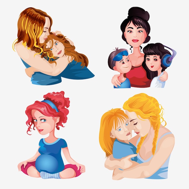 Colección de ejercicios gimnásticos de mujeres embarazadas pareja mujer abraza bebés conjunto de embarazo feliz ilustración vectorial en estilo de dibujos animados para el día de la madre