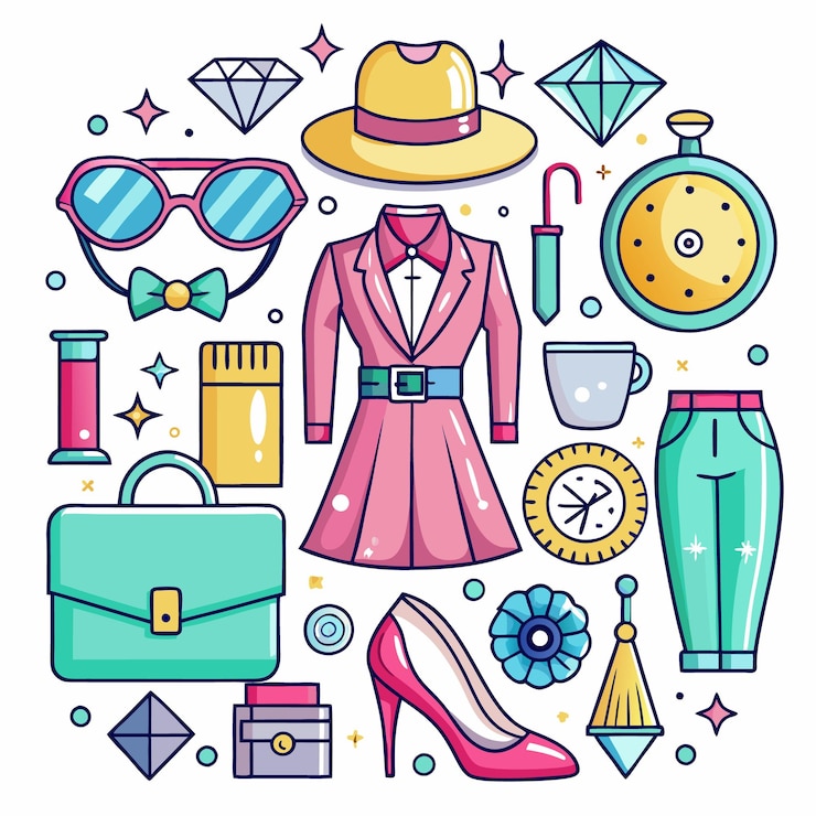 Vector colección elegante y colorida de accesorios y artículos de moda