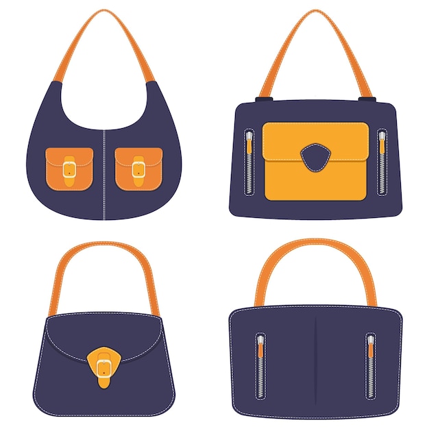 Vector colección de elegantes bolsos de cuero de colores con bolsillos y costuras blancas