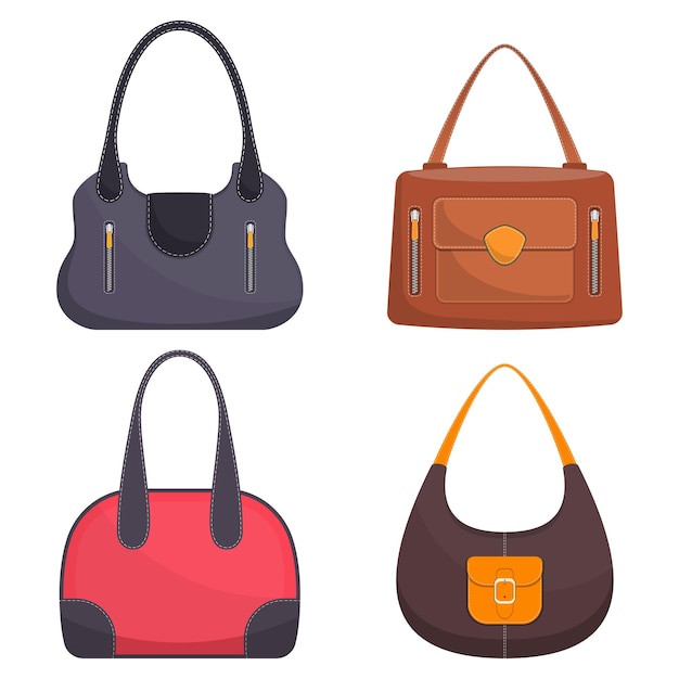 Vector colección de elegantes bolsos de cuero de colores con pespuntes blancos bolso de mujer bolsos de mujer