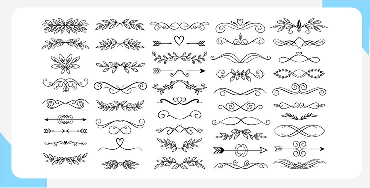 Colección de elegantes divisores y florecimientos dibujados a mano