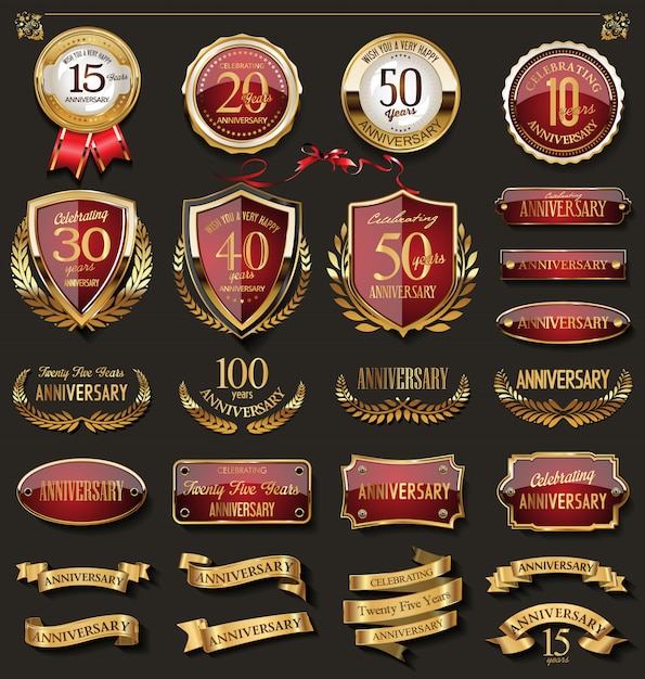 Colección de elegantes insignias de aniversario rojas y doradas a