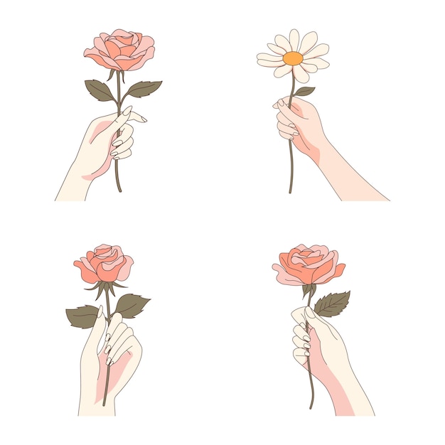Colección de elegantes mujeres que sostienen con la mano el tallo floral de la flor de la margarita